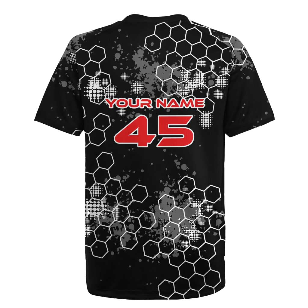 Custom Motocross Dirt Bike Rugby Jersey with Red Rider and Honeycomb Grunge Design - Wonder Print Shop
