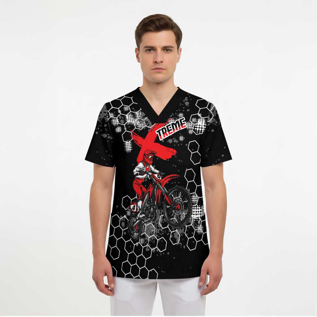 Custom Motocross Dirt Bike Scrub Top with Red Rider and Honeycomb Grunge Design - Wonder Print Shop