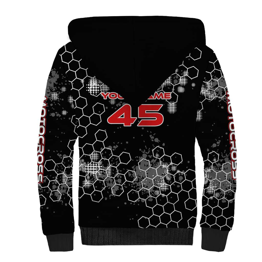 Custom Motocross Dirt Bike Sherpa Hoodie with Red Rider and Honeycomb Grunge Design - Wonder Print Shop