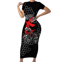 Custom Motocross Dirt Bike Short Sleeve Bodycon Dress with Red Rider and Honeycomb Grunge Design - Wonder Print Shop