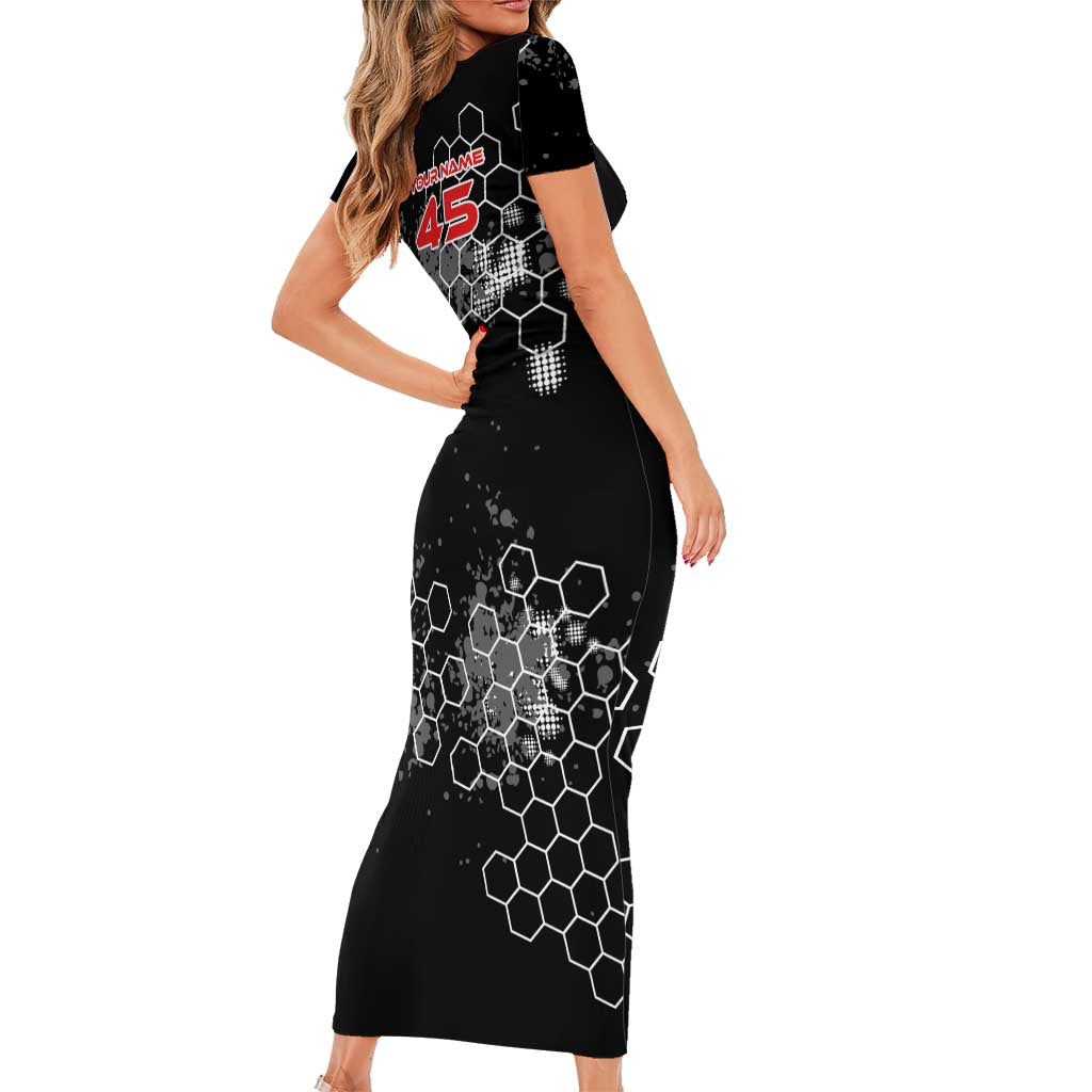 Custom Motocross Dirt Bike Short Sleeve Bodycon Dress with Red Rider and Honeycomb Grunge Design - Wonder Print Shop