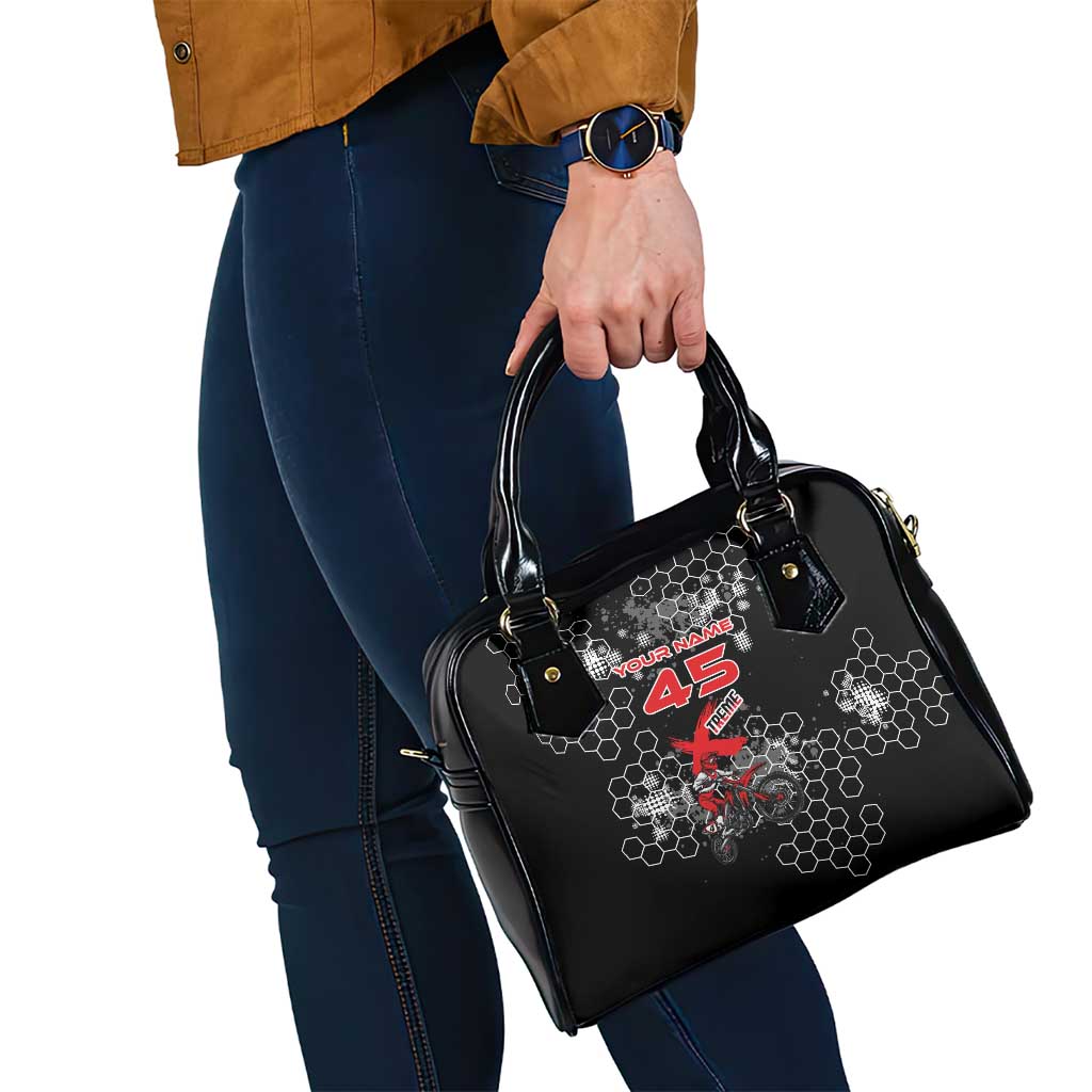 Custom Motocross Dirt Bike Shoulder Handbag with Red Rider and Honeycomb Grunge Design - Wonder Print Shop