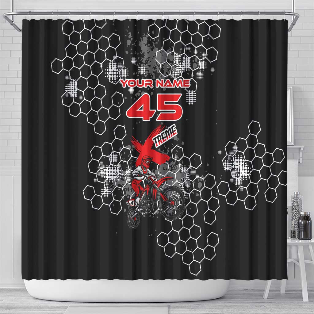 Custom Motocross Dirt Bike Shower Curtain with Red Rider and Honeycomb Grunge Design - Wonder Print Shop