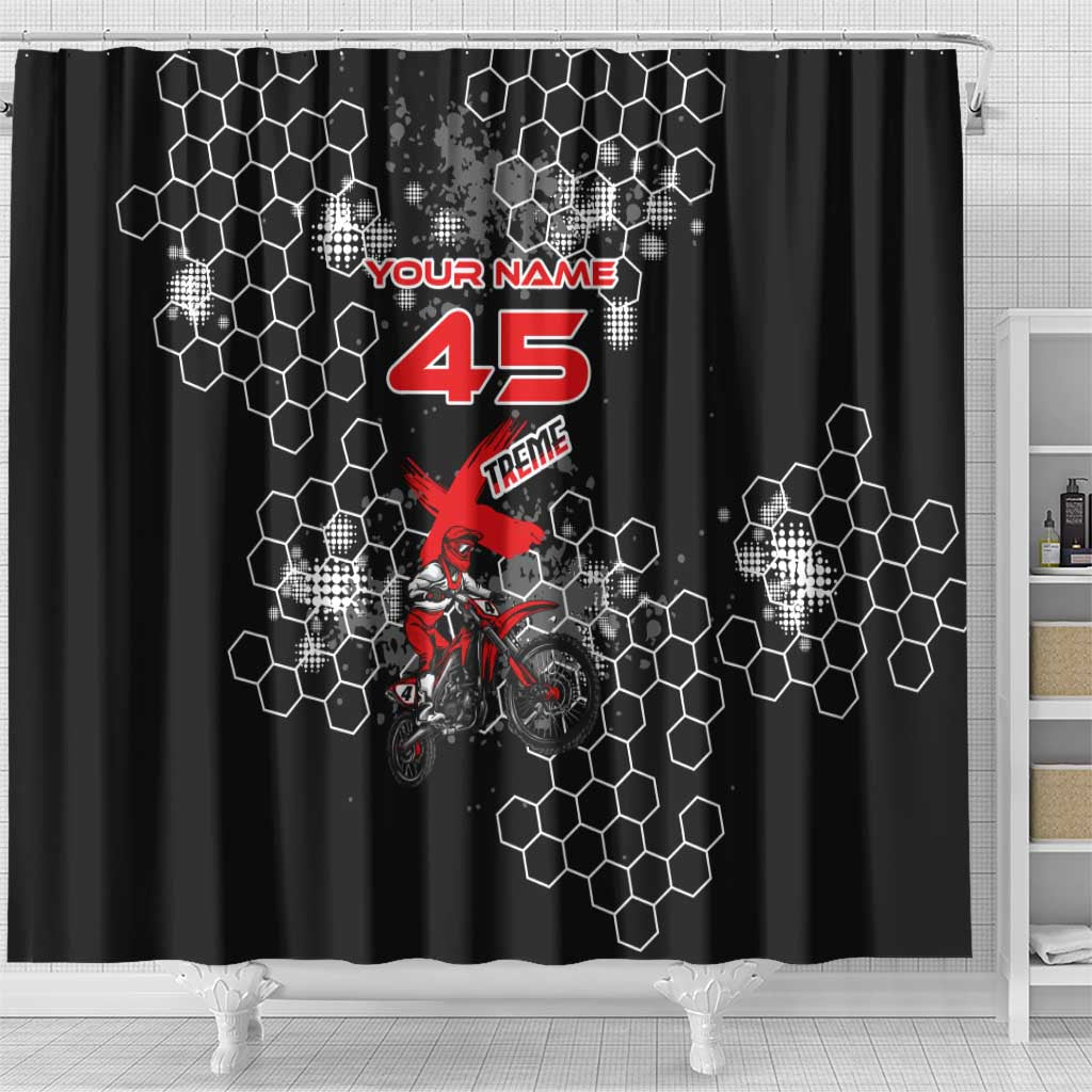 Custom Motocross Dirt Bike Shower Curtain with Red Rider and Honeycomb Grunge Design - Wonder Print Shop