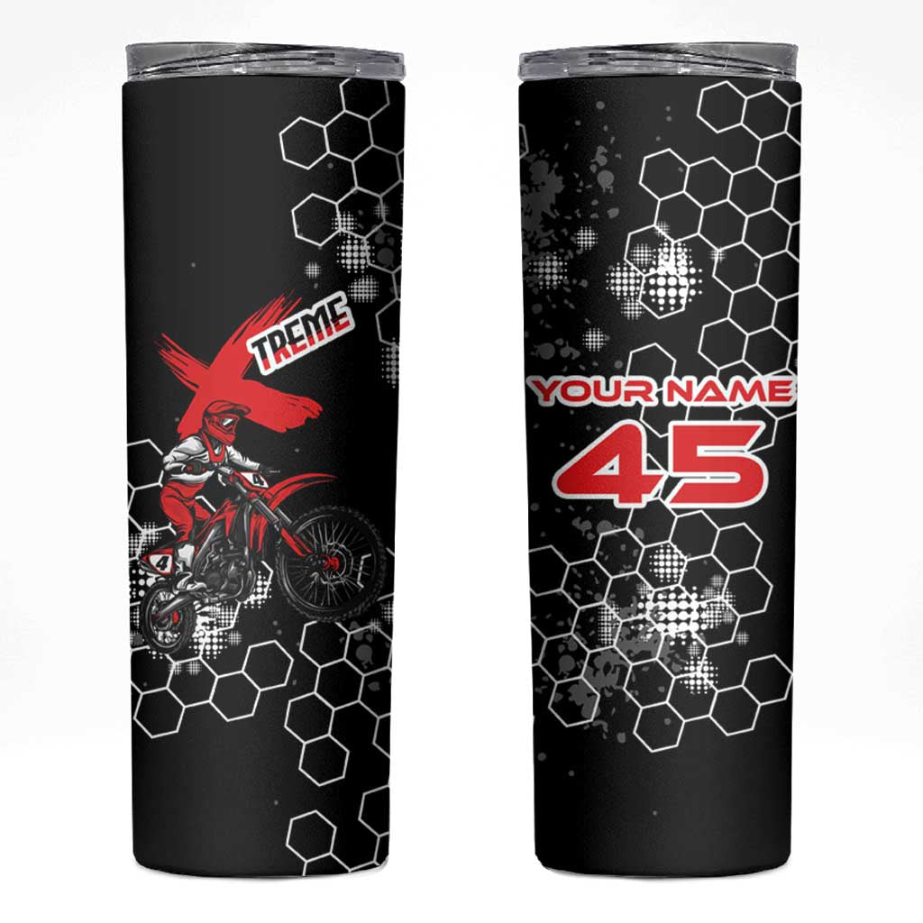 Custom Motocross Dirt Bike Skinny Tumbler with Red Rider and Honeycomb Grunge Design - Wonder Print Shop