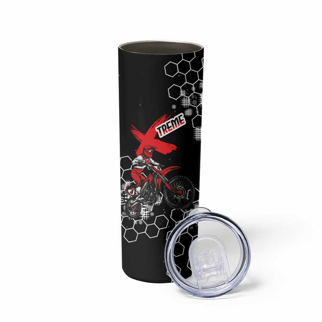 Custom Motocross Dirt Bike Skinny Tumbler with Red Rider and Honeycomb Grunge Design - Wonder Print Shop