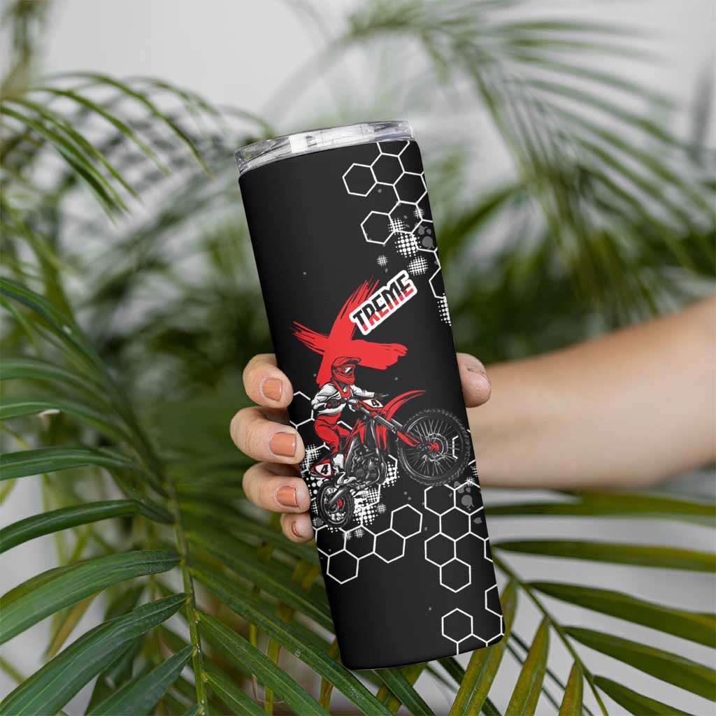 Custom Motocross Dirt Bike Skinny Tumbler with Red Rider and Honeycomb Grunge Design - Wonder Print Shop