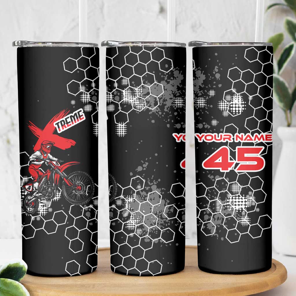 Custom Motocross Dirt Bike Skinny Tumbler with Red Rider and Honeycomb Grunge Design - Wonder Print Shop