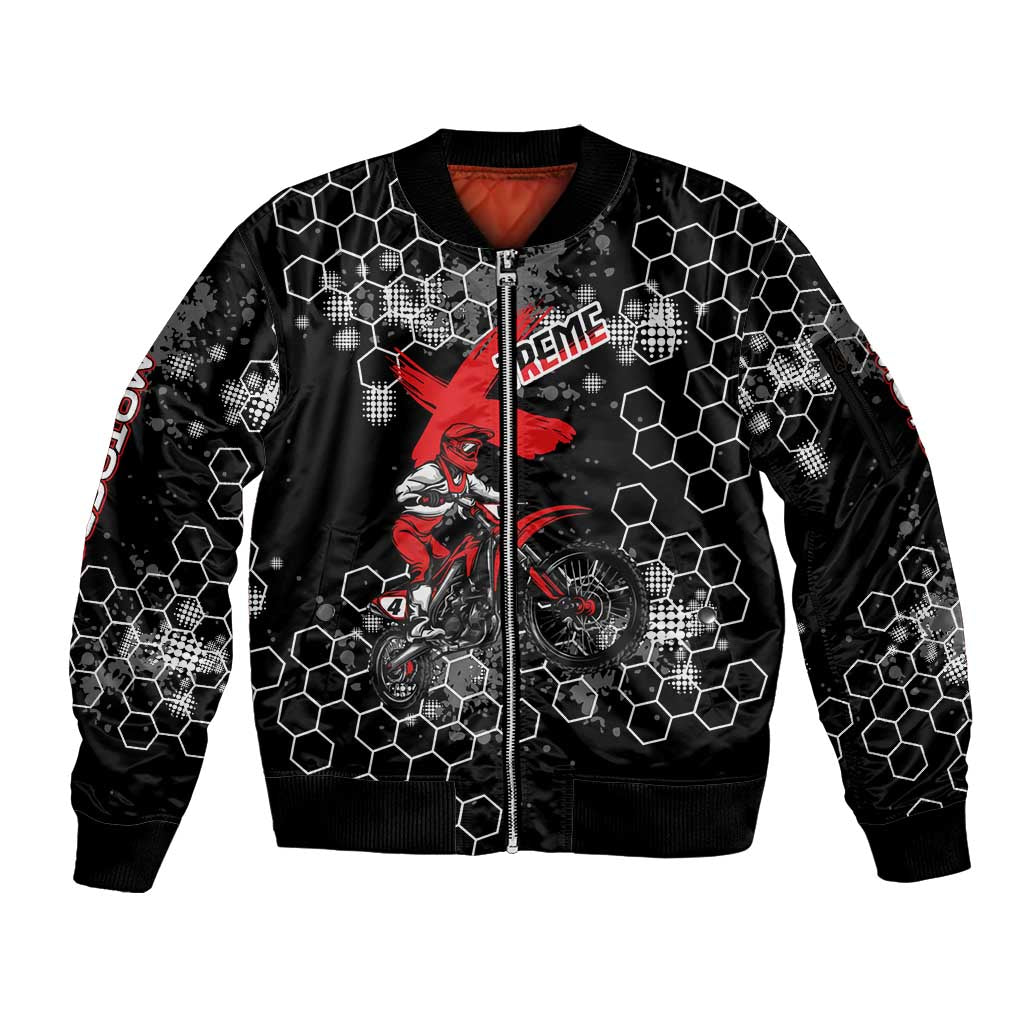 Custom Motocross Dirt Bike Sleeve Zip Bomber Jacket with Red Rider and Honeycomb Grunge Design - Wonder Print Shop