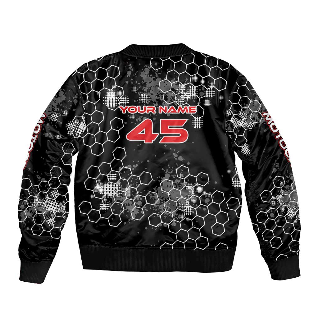 Custom Motocross Dirt Bike Sleeve Zip Bomber Jacket with Red Rider and Honeycomb Grunge Design - Wonder Print Shop