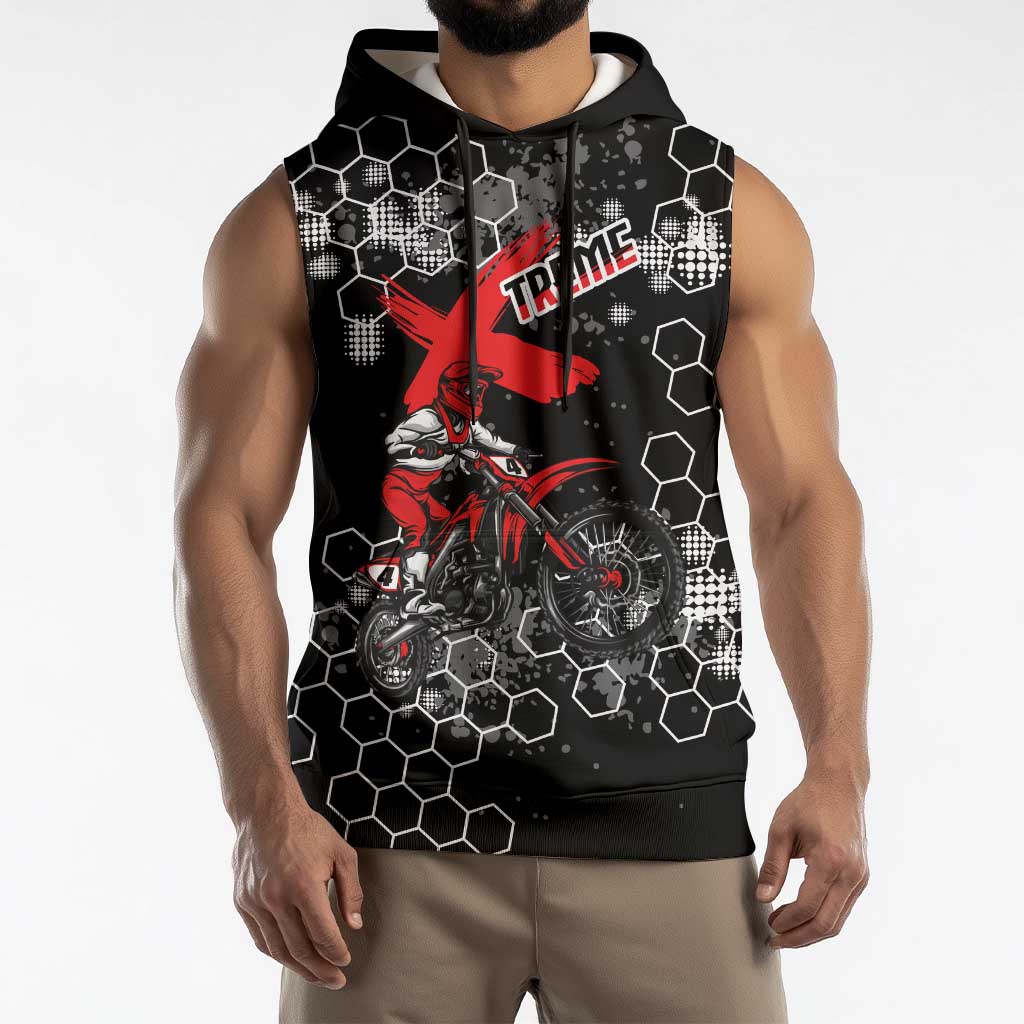 Custom Motocross Dirt Bike Sleeveless Hoodie with Red Rider and Honeycomb Grunge Design - Wonder Print Shop