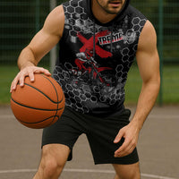 Custom Motocross Dirt Bike Sleeveless Hoodie with Red Rider and Honeycomb Grunge Design - Wonder Print Shop