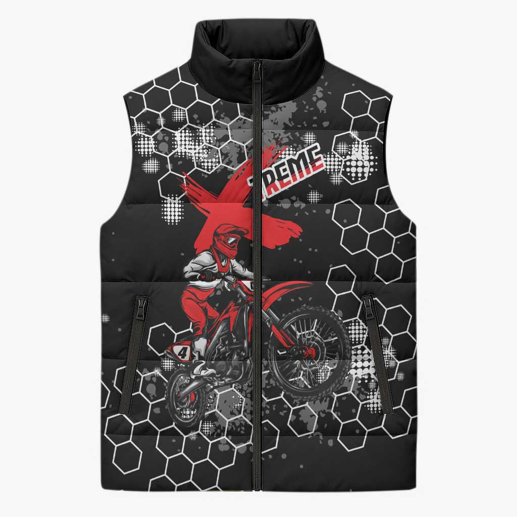 Custom Motocross Dirt Bike Sleeveless Puffer Jacket with Red Rider and Honeycomb Grunge Design - Wonder Print Shop