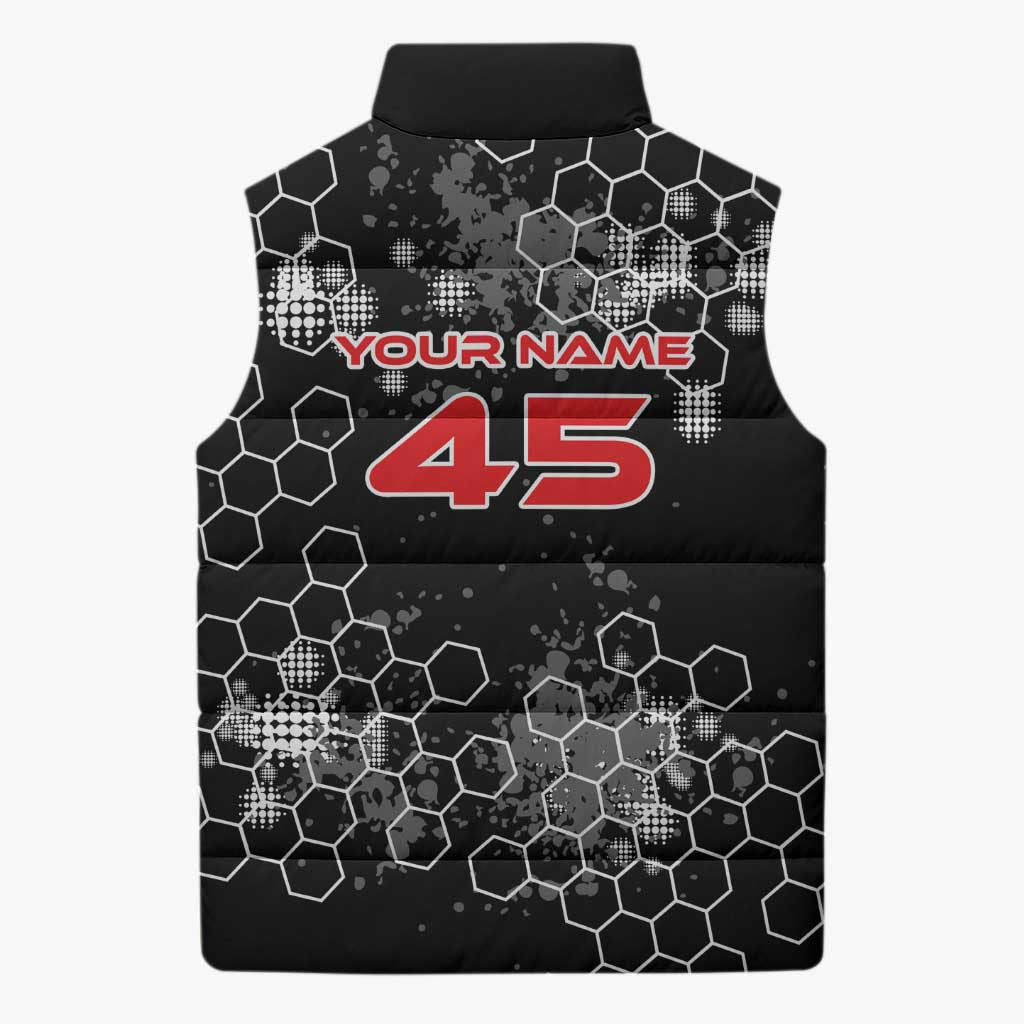 Custom Motocross Dirt Bike Sleeveless Puffer Jacket with Red Rider and Honeycomb Grunge Design - Wonder Print Shop