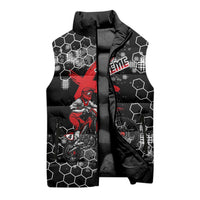 Custom Motocross Dirt Bike Sleeveless Puffer Jacket with Red Rider and Honeycomb Grunge Design - Wonder Print Shop