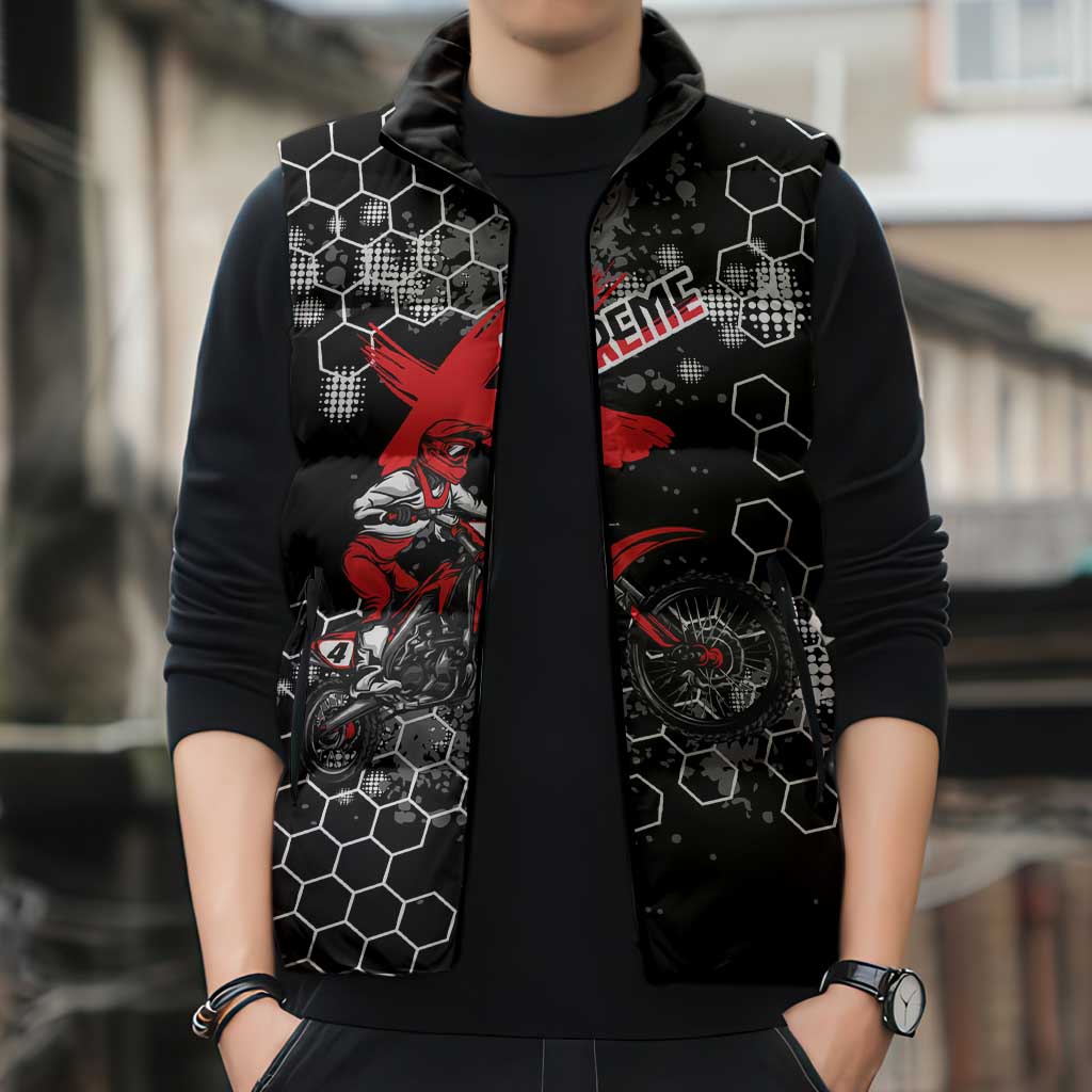 Custom Motocross Dirt Bike Sleeveless Puffer Jacket with Red Rider and Honeycomb Grunge Design - Wonder Print Shop