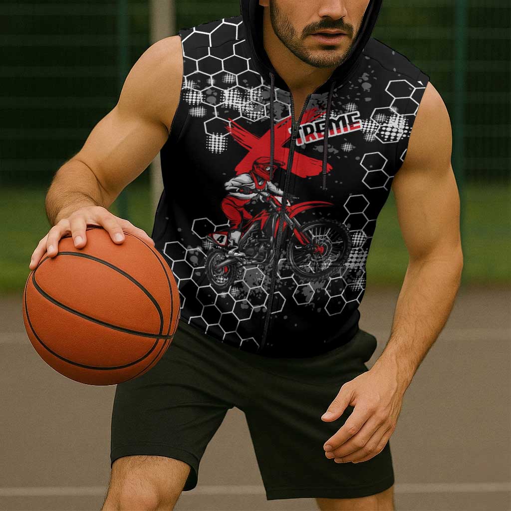 Custom Motocross Dirt Bike Sleeveless Zip Hoodie with Red Rider and Honeycomb Grunge Design - Wonder Print Shop