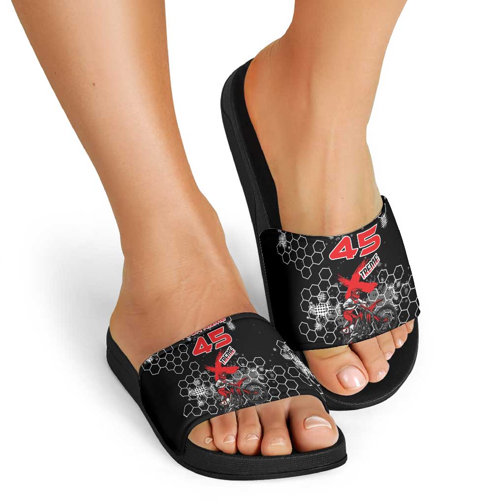 Custom Motocross Dirt Bike Slide Sandals with Red Rider and Honeycomb Grunge Design - Wonder Print Shop