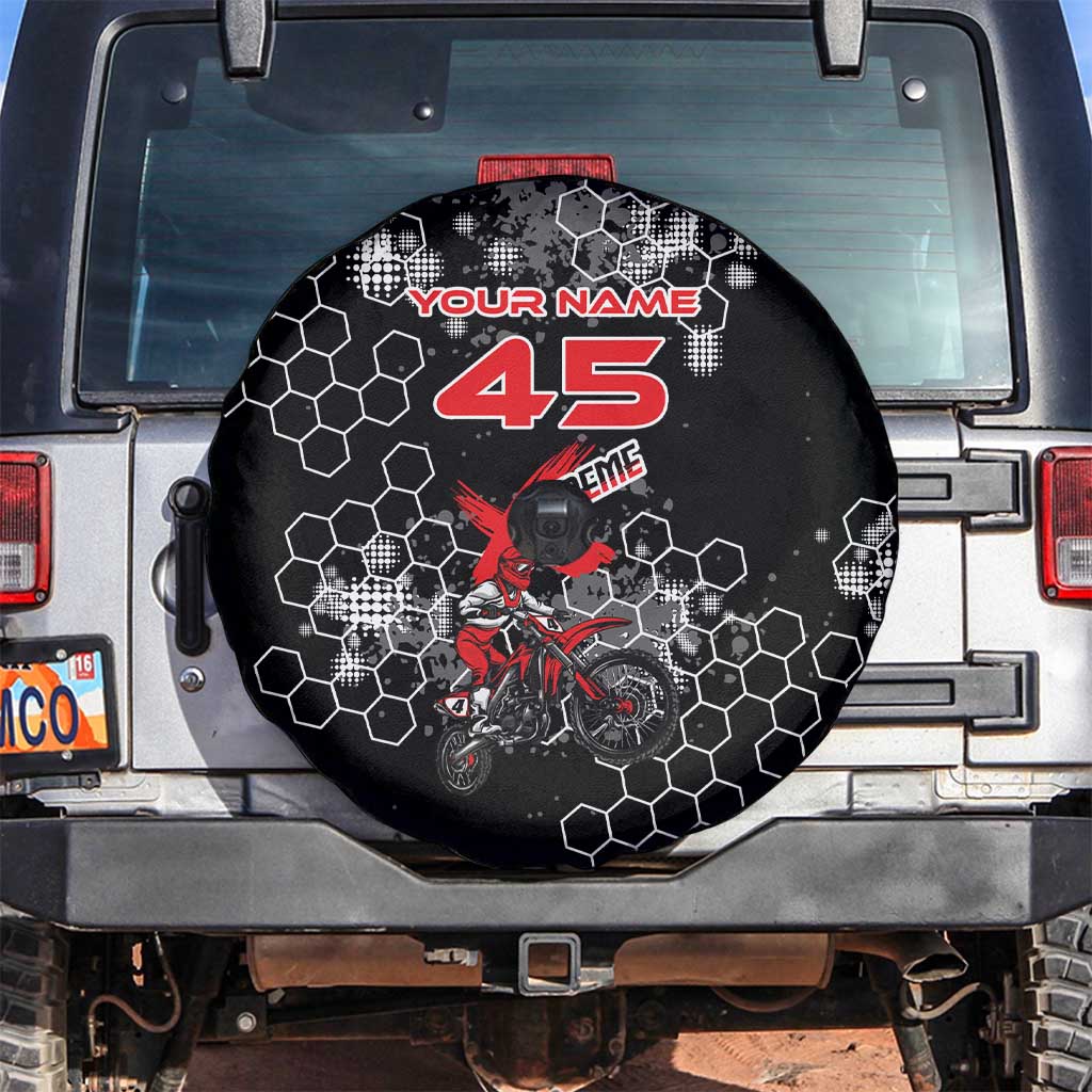 Custom Motocross Dirt Bike Spare Tire Cover with Red Rider and Honeycomb Grunge Design - Wonder Print Shop