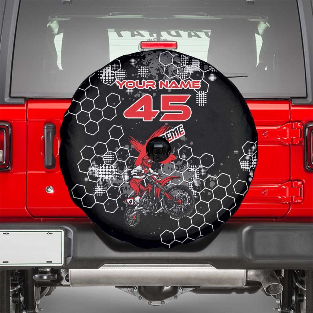 Custom Motocross Dirt Bike Spare Tire Cover with Red Rider and Honeycomb Grunge Design - Wonder Print Shop