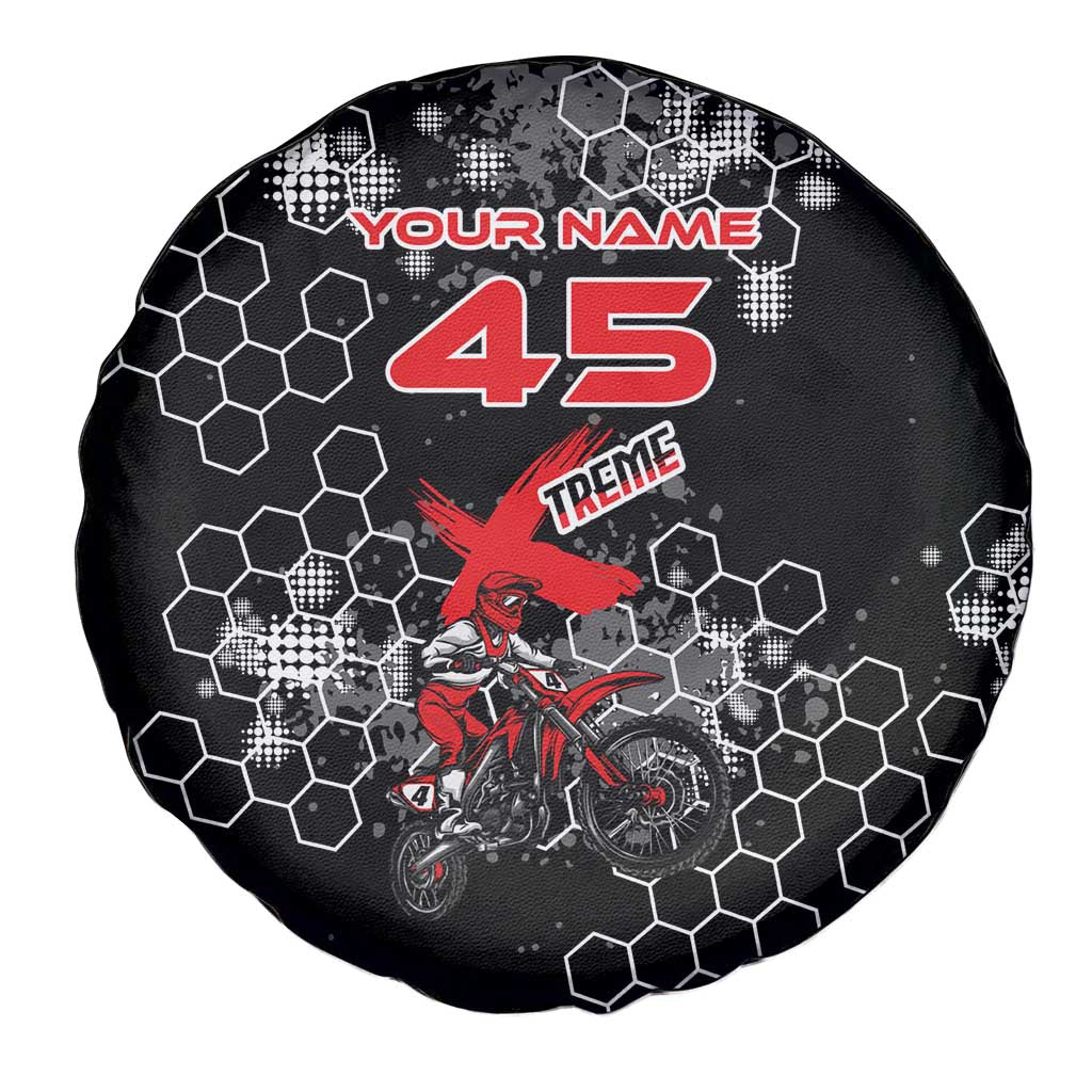 Custom Motocross Dirt Bike Spare Tire Cover with Red Rider and Honeycomb Grunge Design - Wonder Print Shop