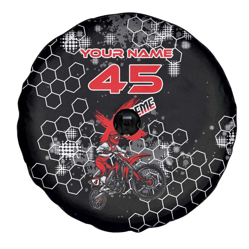 Custom Motocross Dirt Bike Spare Tire Cover with Red Rider and Honeycomb Grunge Design - Wonder Print Shop