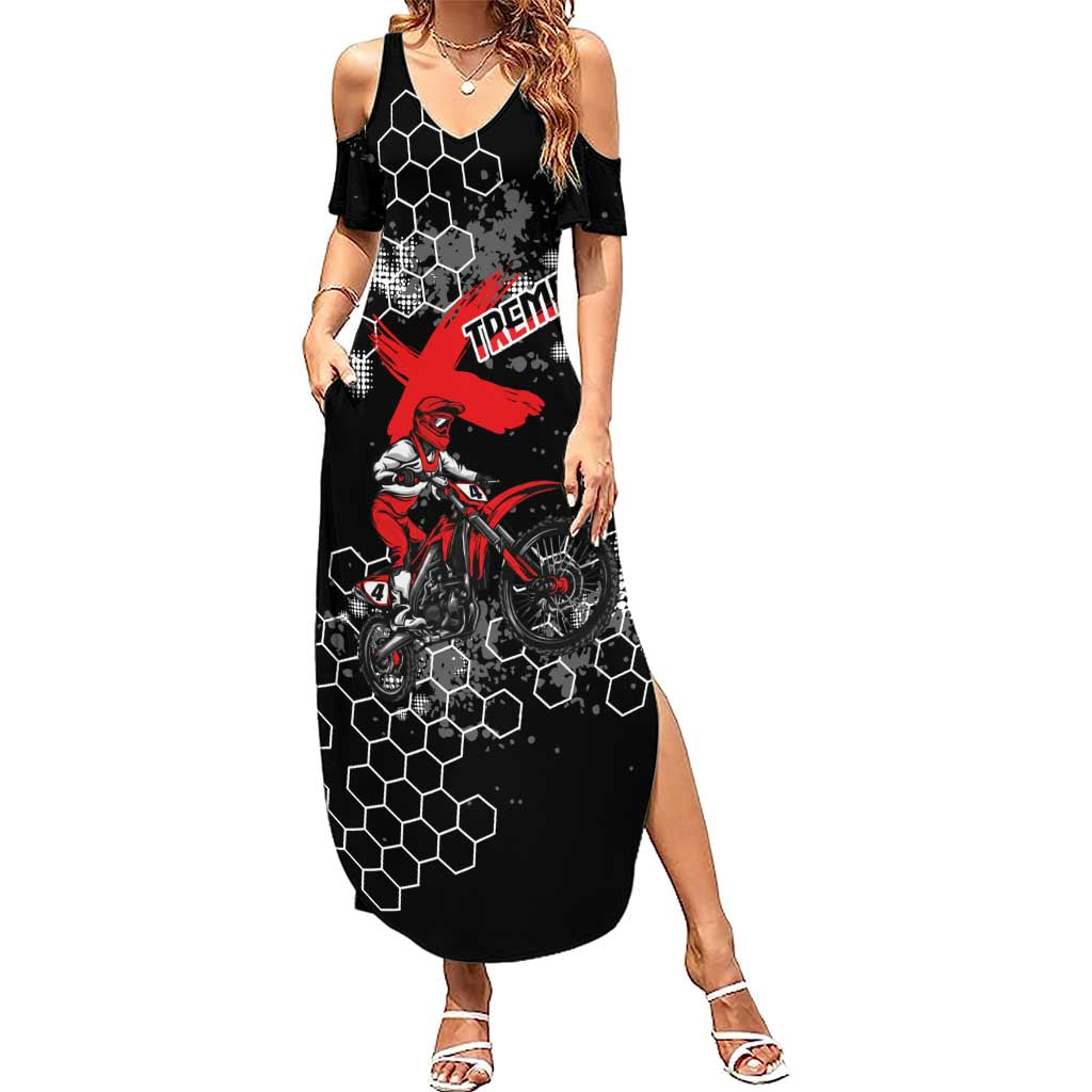 Custom Motocross Dirt Bike Summer Maxi Dress with Red Rider and Honeycomb Grunge Design - Wonder Print Shop