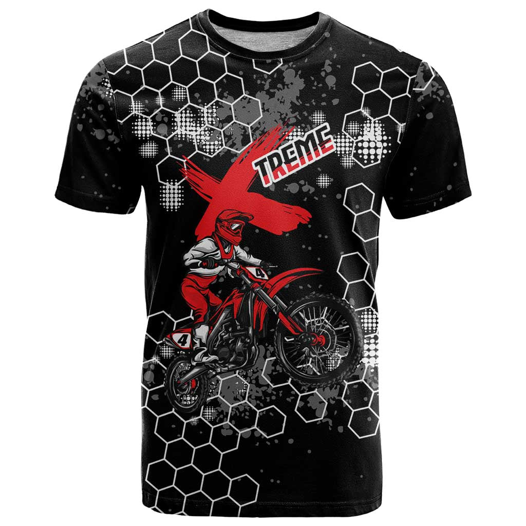Custom Motocross Dirt Bike T Shirt with Red Rider and Honeycomb Grunge Design - Wonder Print Shop