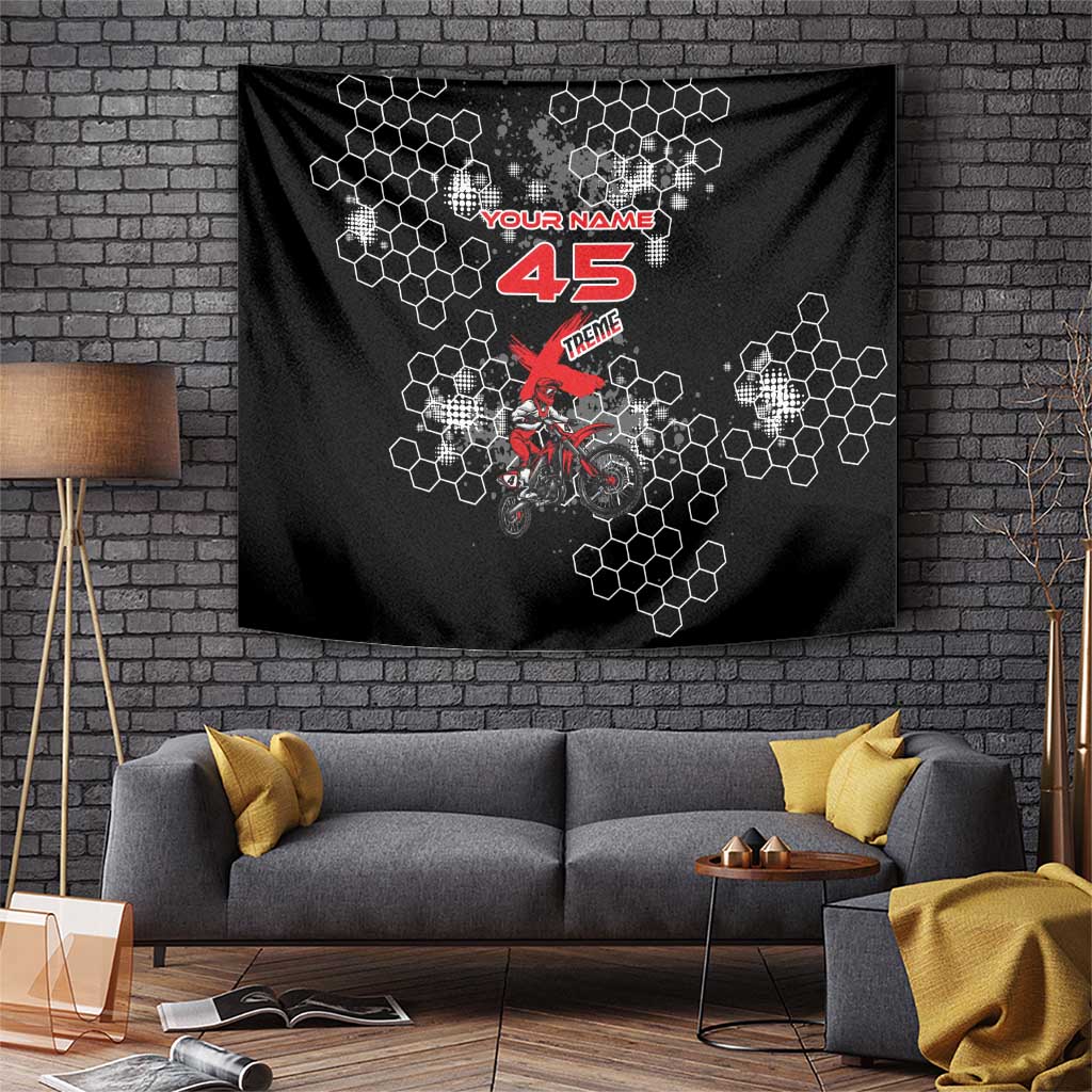 Custom Motocross Dirt Bike Tapestry with Red Rider and Honeycomb Grunge Design - Wonder Print Shop