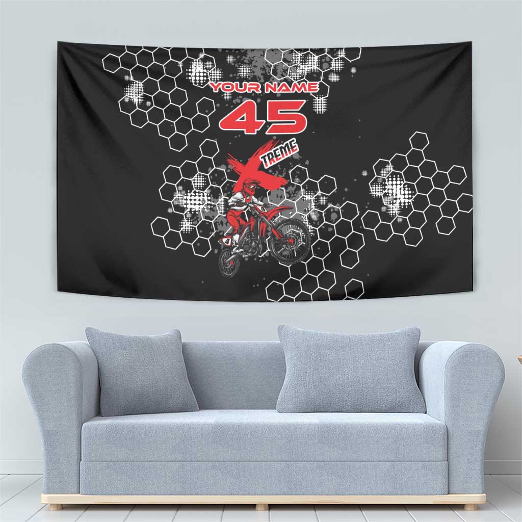 Custom Motocross Dirt Bike Tapestry with Red Rider and Honeycomb Grunge Design - Wonder Print Shop