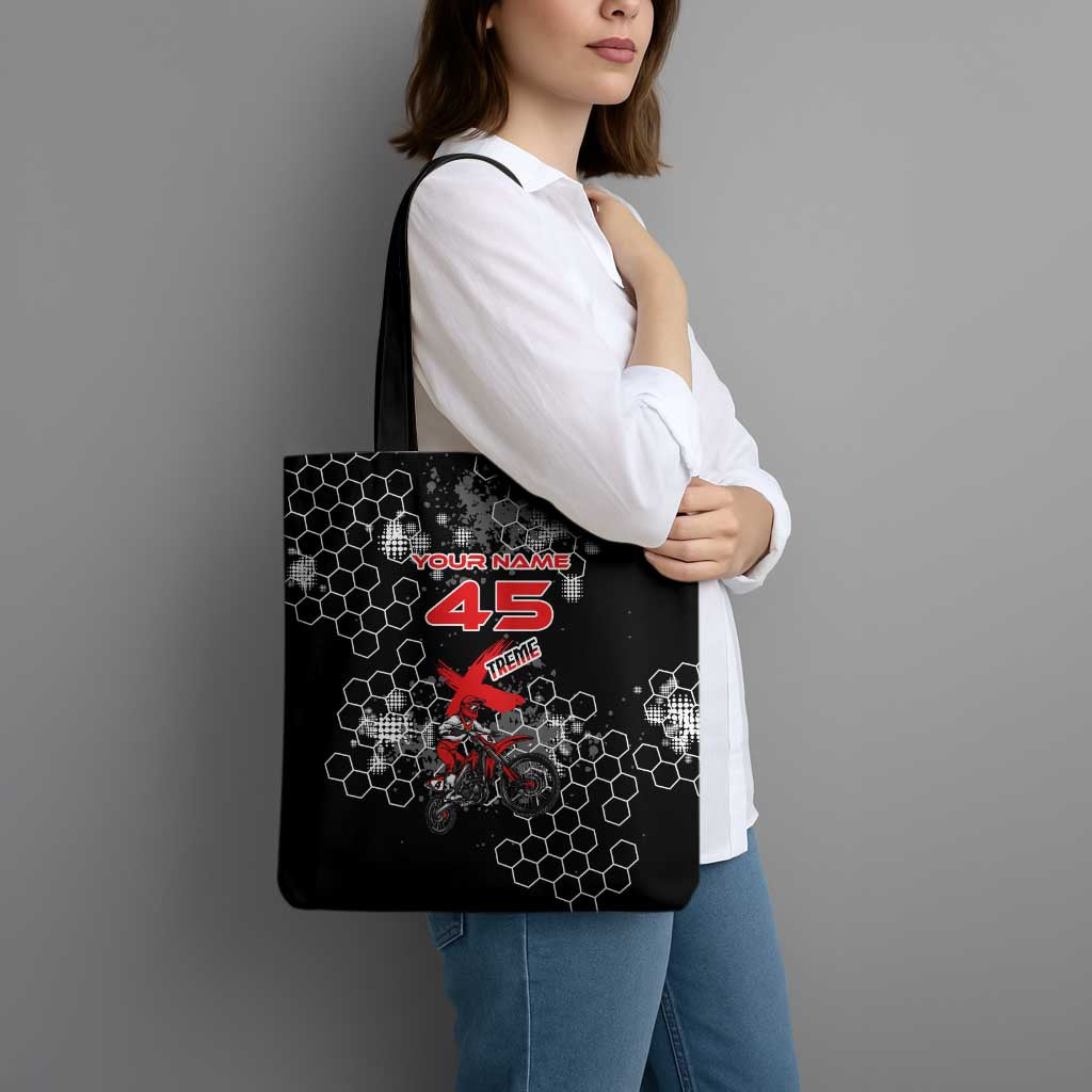 Custom Motocross Dirt Bike Tote Bag with Red Rider and Honeycomb Grunge Design - Wonder Print Shop