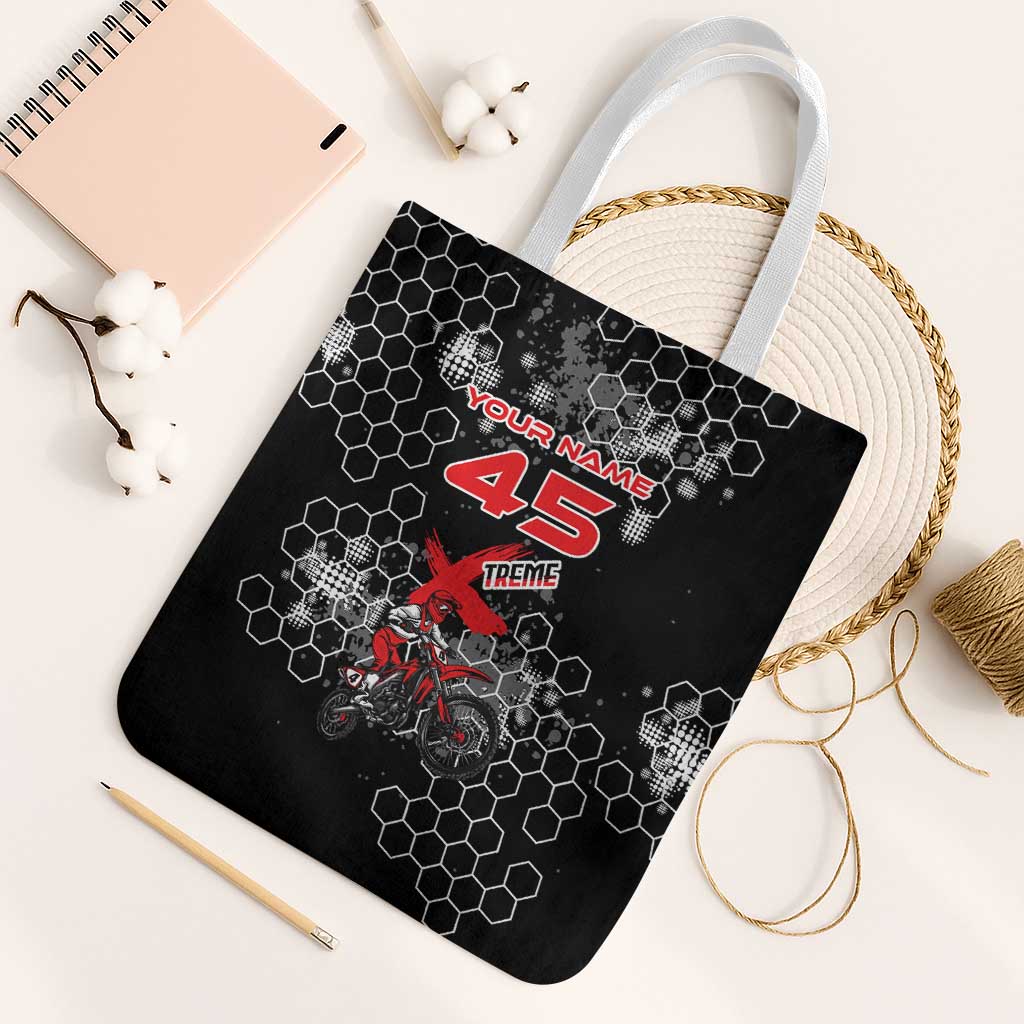 Custom Motocross Dirt Bike Tote Bag with Red Rider and Honeycomb Grunge Design - Wonder Print Shop