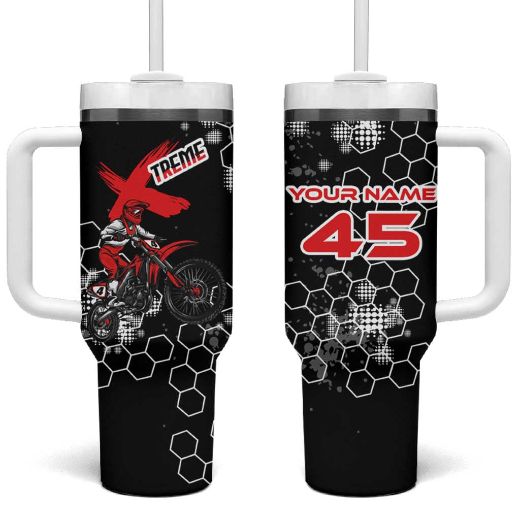 Custom Motocross Dirt Bike Tumbler With Handle with Red Rider and Honeycomb Grunge Design - Wonder Print Shop