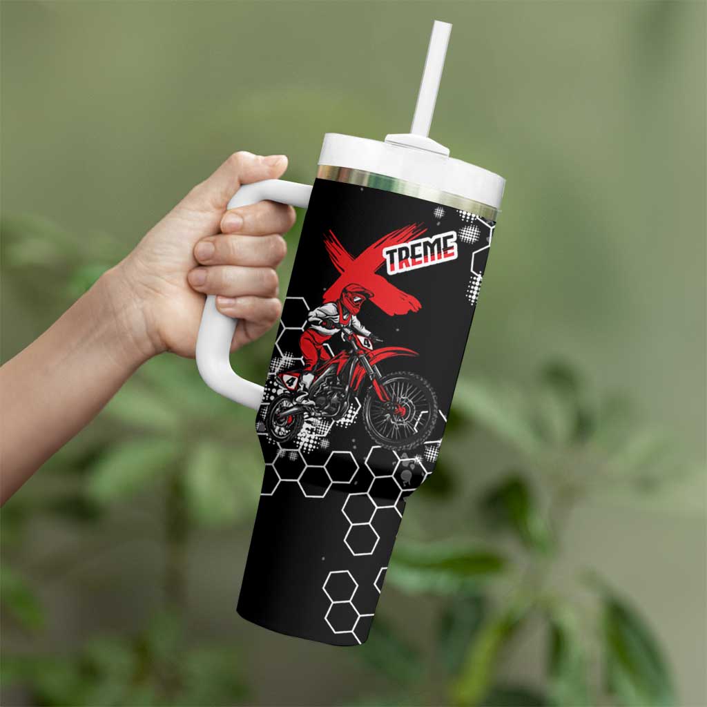 Custom Motocross Dirt Bike Tumbler With Handle with Red Rider and Honeycomb Grunge Design - Wonder Print Shop