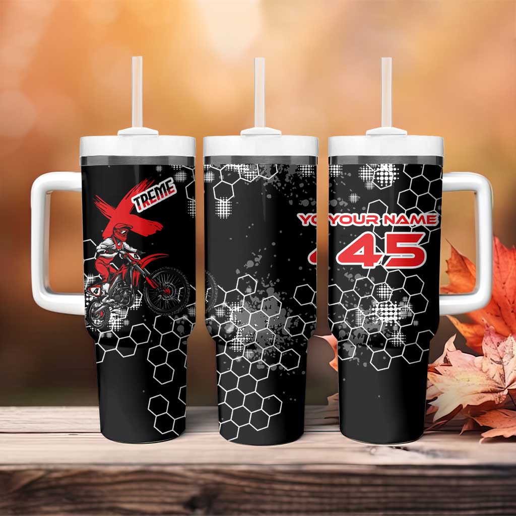 Custom Motocross Dirt Bike Tumbler With Handle with Red Rider and Honeycomb Grunge Design - Wonder Print Shop