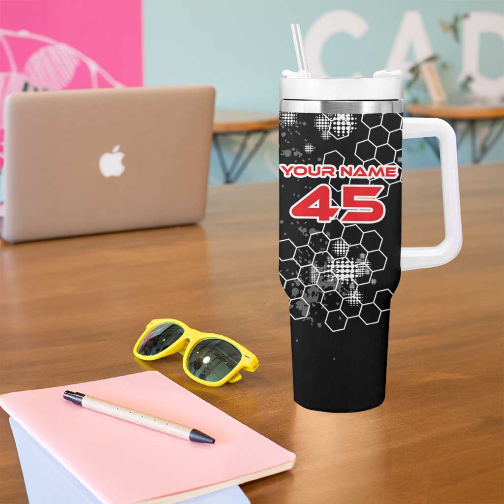 Custom Motocross Dirt Bike Tumbler With Handle with Red Rider and Honeycomb Grunge Design - Wonder Print Shop