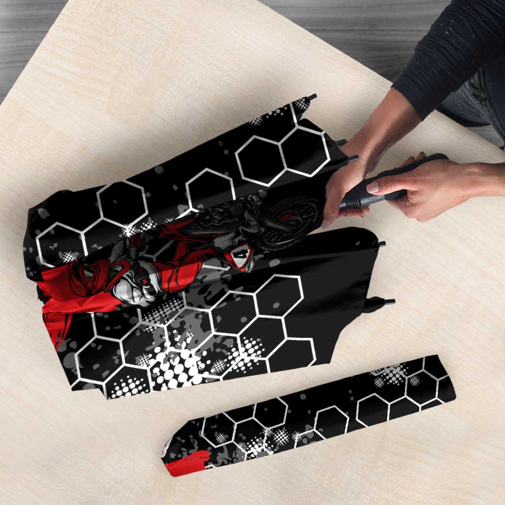 Custom Motocross Dirt Bike Umbrella with Red Rider and Honeycomb Grunge Design - Wonder Print Shop