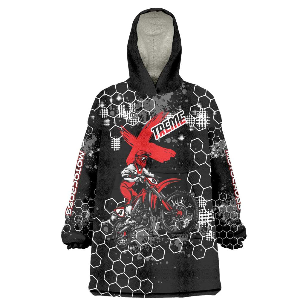Custom Motocross Dirt Bike Wearable Blanket Hoodie with Red Rider and Honeycomb Grunge Design - Wonder Print Shop