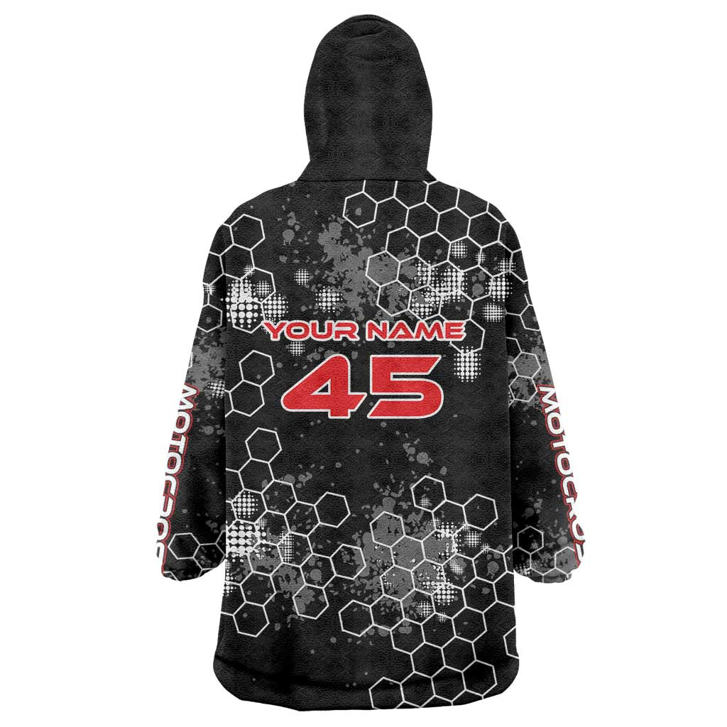 Custom Motocross Dirt Bike Wearable Blanket Hoodie with Red Rider and Honeycomb Grunge Design - Wonder Print Shop