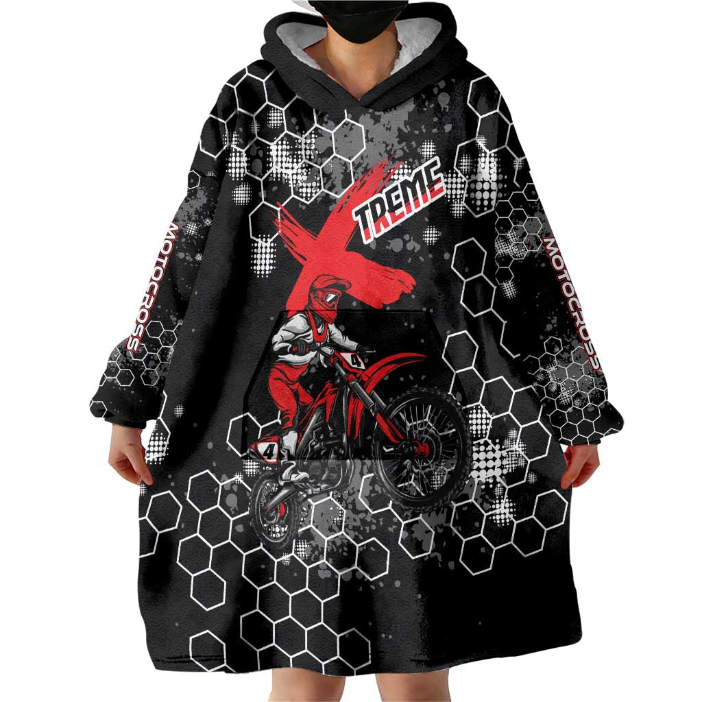 Custom Motocross Dirt Bike Wearable Blanket Hoodie with Red Rider and Honeycomb Grunge Design - Wonder Print Shop