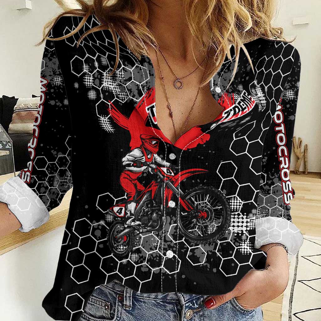 Custom Motocross Dirt Bike Women Casual Shirt with Red Rider and Honeycomb Grunge Design - Wonder Print Shop
