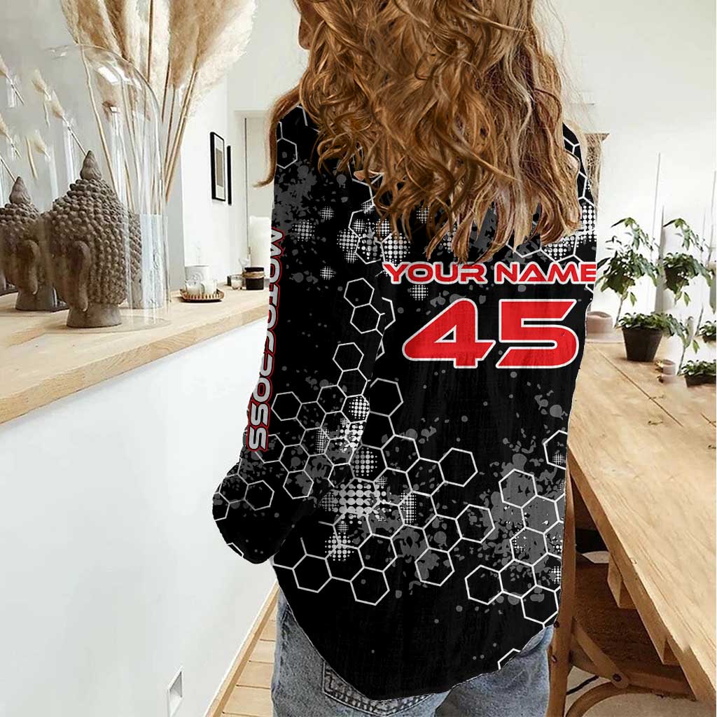 Custom Motocross Dirt Bike Women Casual Shirt with Red Rider and Honeycomb Grunge Design - Wonder Print Shop