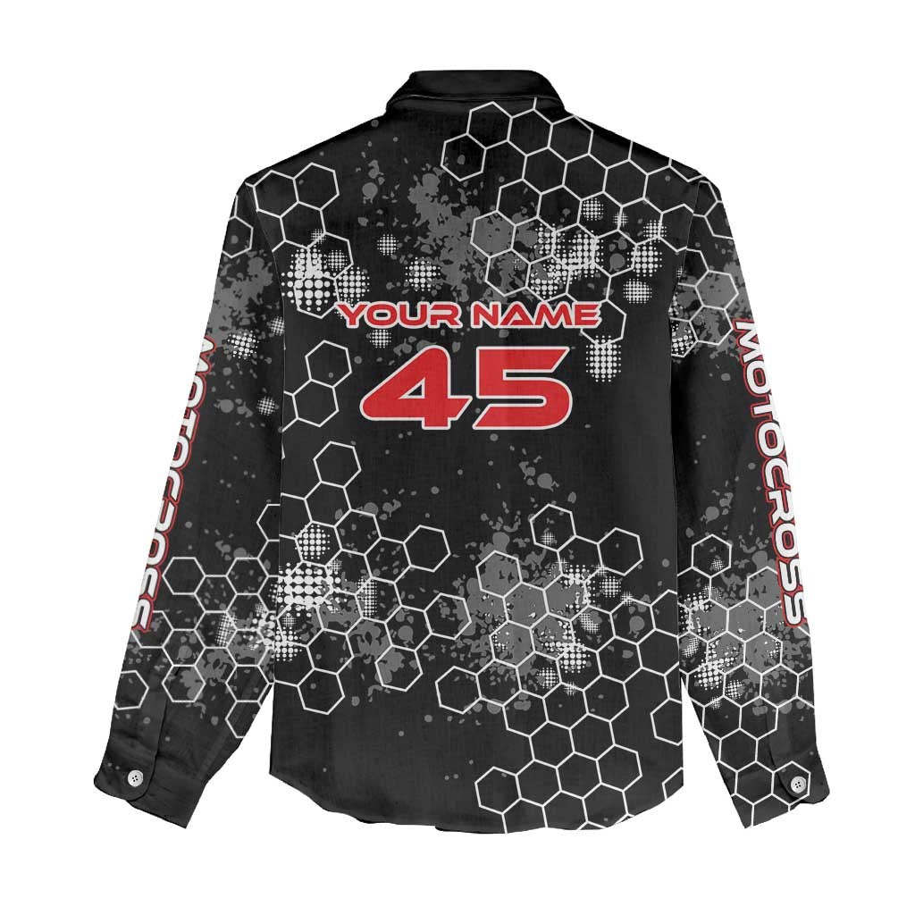 Custom Motocross Dirt Bike Women Casual Shirt with Red Rider and Honeycomb Grunge Design - Wonder Print Shop
