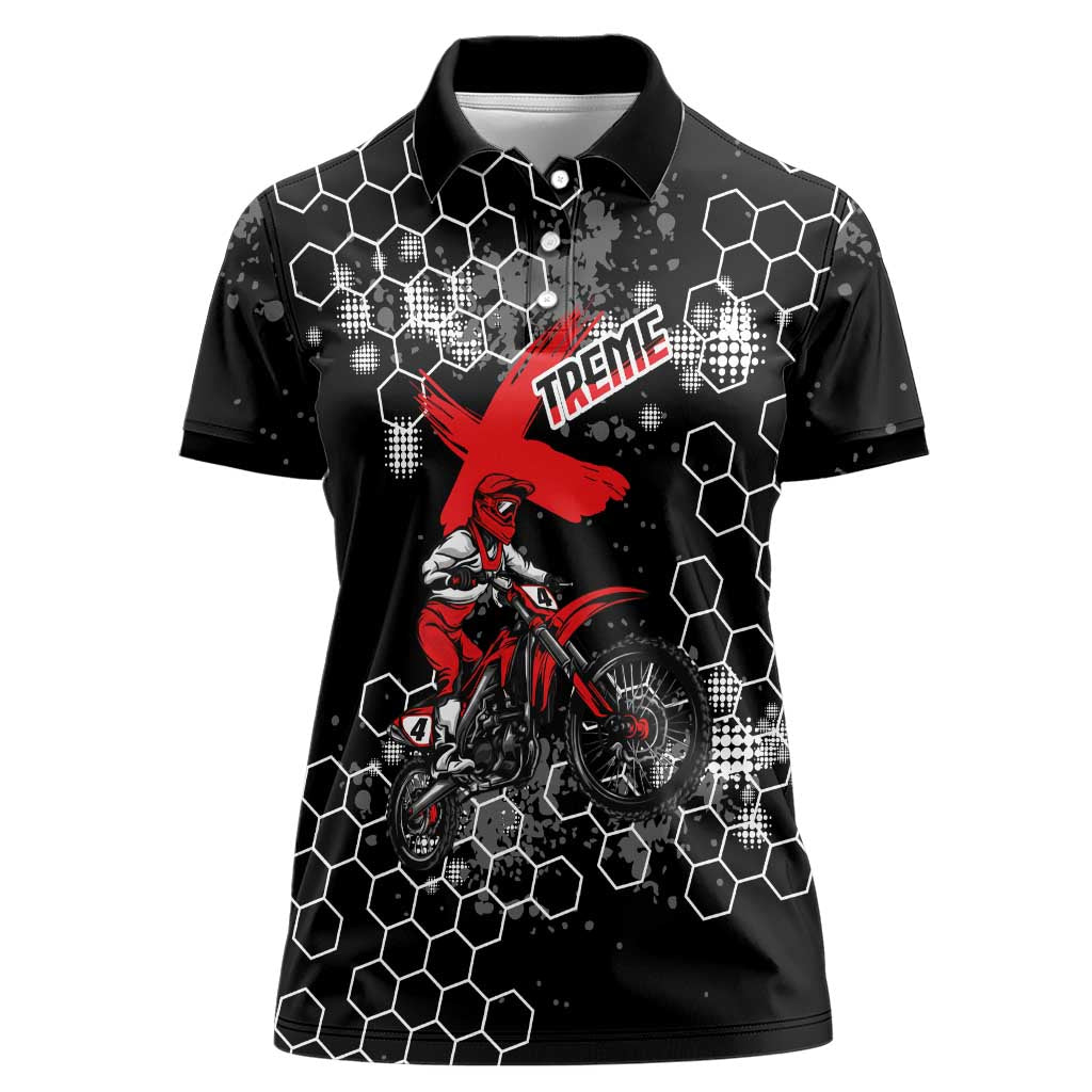 Custom Motocross Dirt Bike Women Polo Shirt with Red Rider and Honeycomb Grunge Design - Wonder Print Shop