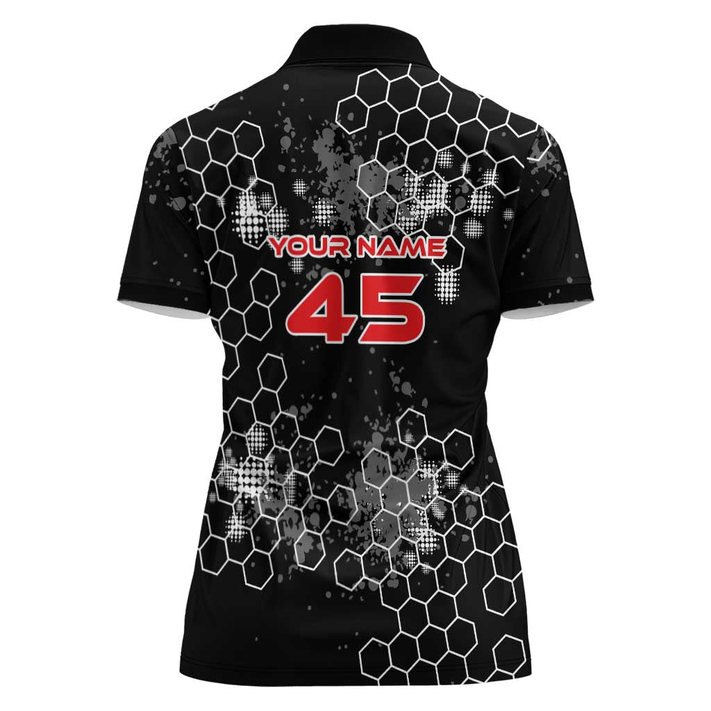 Custom Motocross Dirt Bike Women Polo Shirt with Red Rider and Honeycomb Grunge Design - Wonder Print Shop
