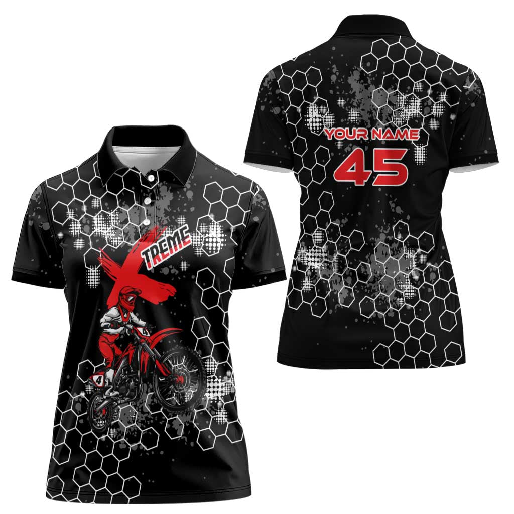 Custom Motocross Dirt Bike Women Polo Shirt with Red Rider and Honeycomb Grunge Design - Wonder Print Shop