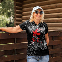 Custom Motocross Dirt Bike Women Polo Shirt with Red Rider and Honeycomb Grunge Design - Wonder Print Shop