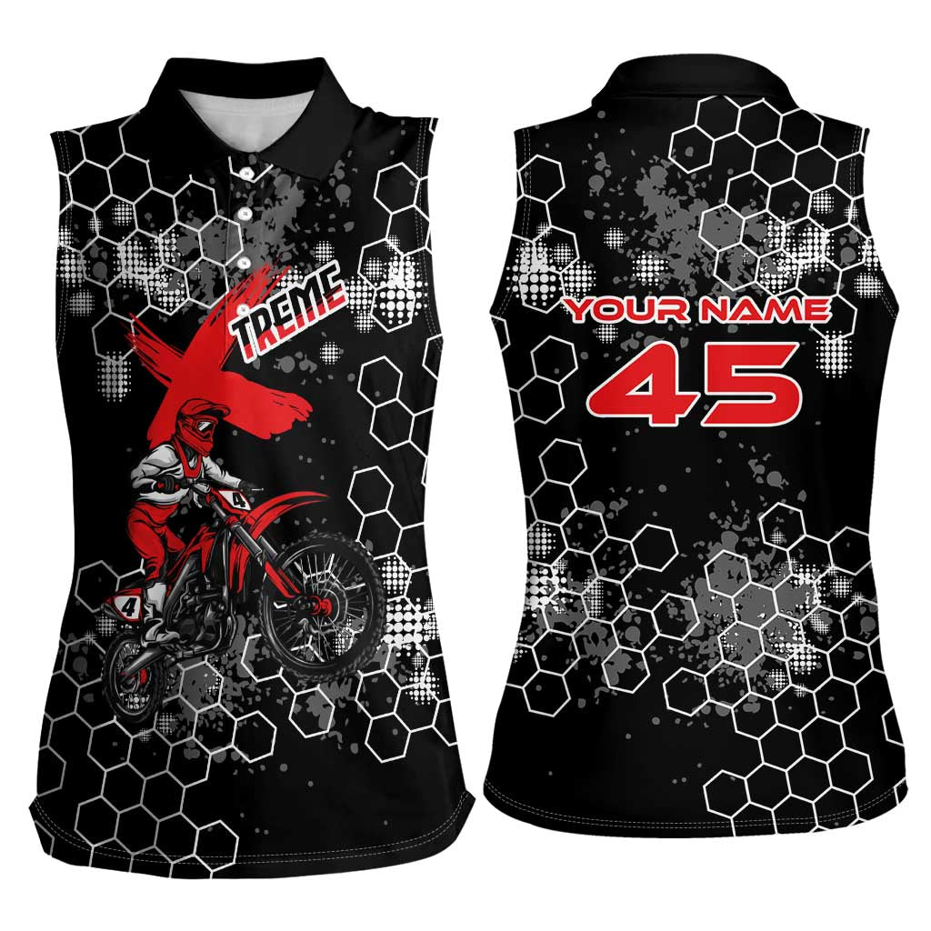 Custom Motocross Dirt Bike Women Sleeveless Polo Shirt with Red Rider and Honeycomb Grunge Design - Wonder Print Shop