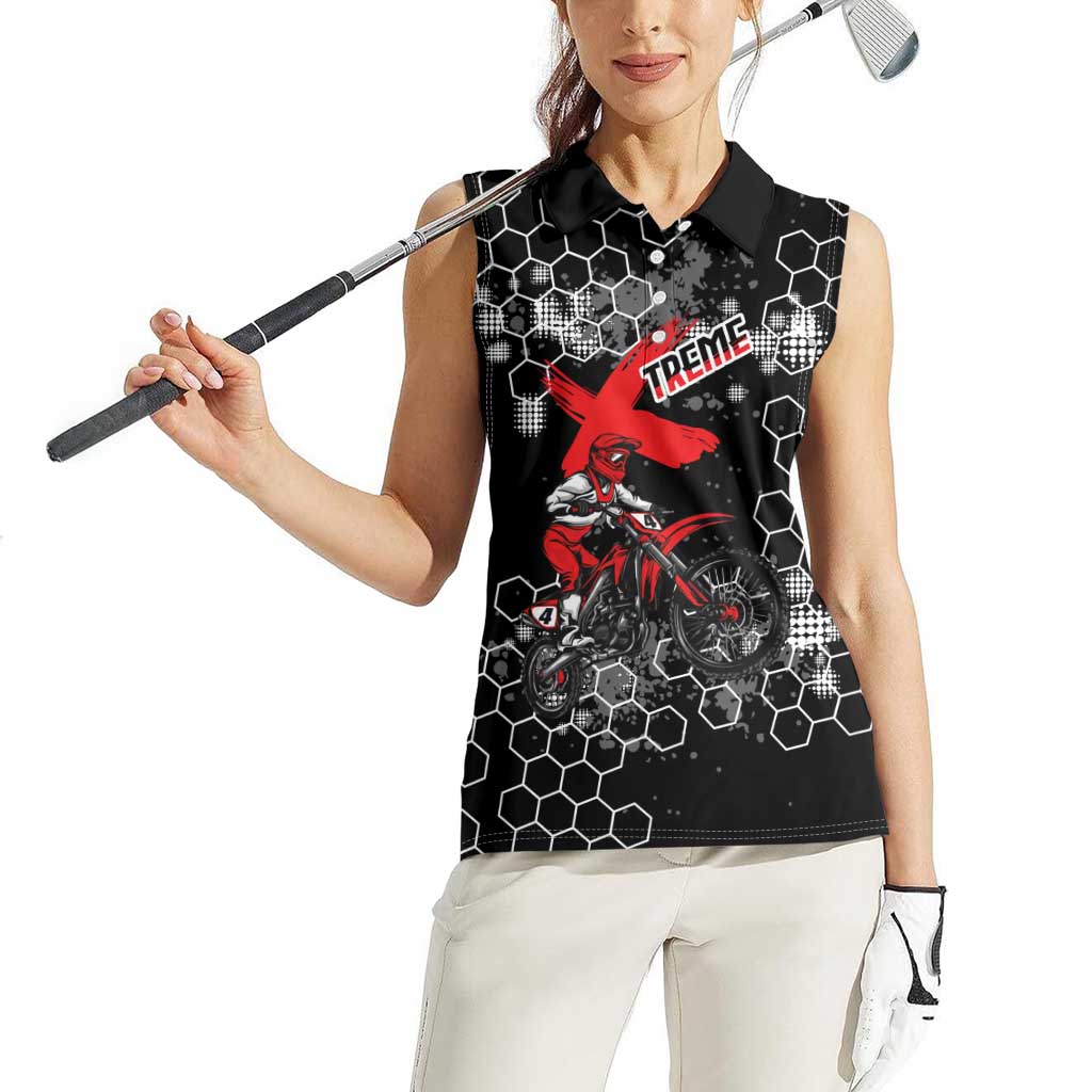 Custom Motocross Dirt Bike Women Sleeveless Polo Shirt with Red Rider and Honeycomb Grunge Design - Wonder Print Shop