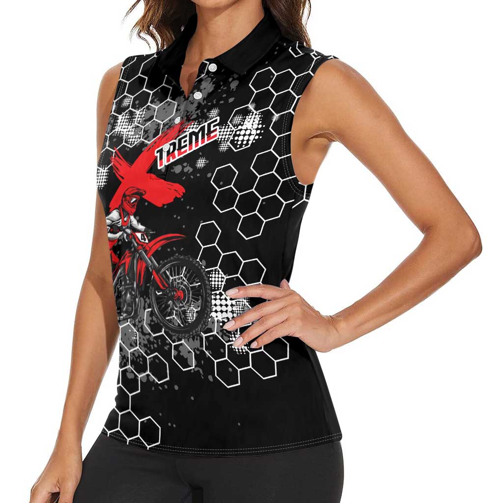 Custom Motocross Dirt Bike Women Sleeveless Polo Shirt with Red Rider and Honeycomb Grunge Design - Wonder Print Shop